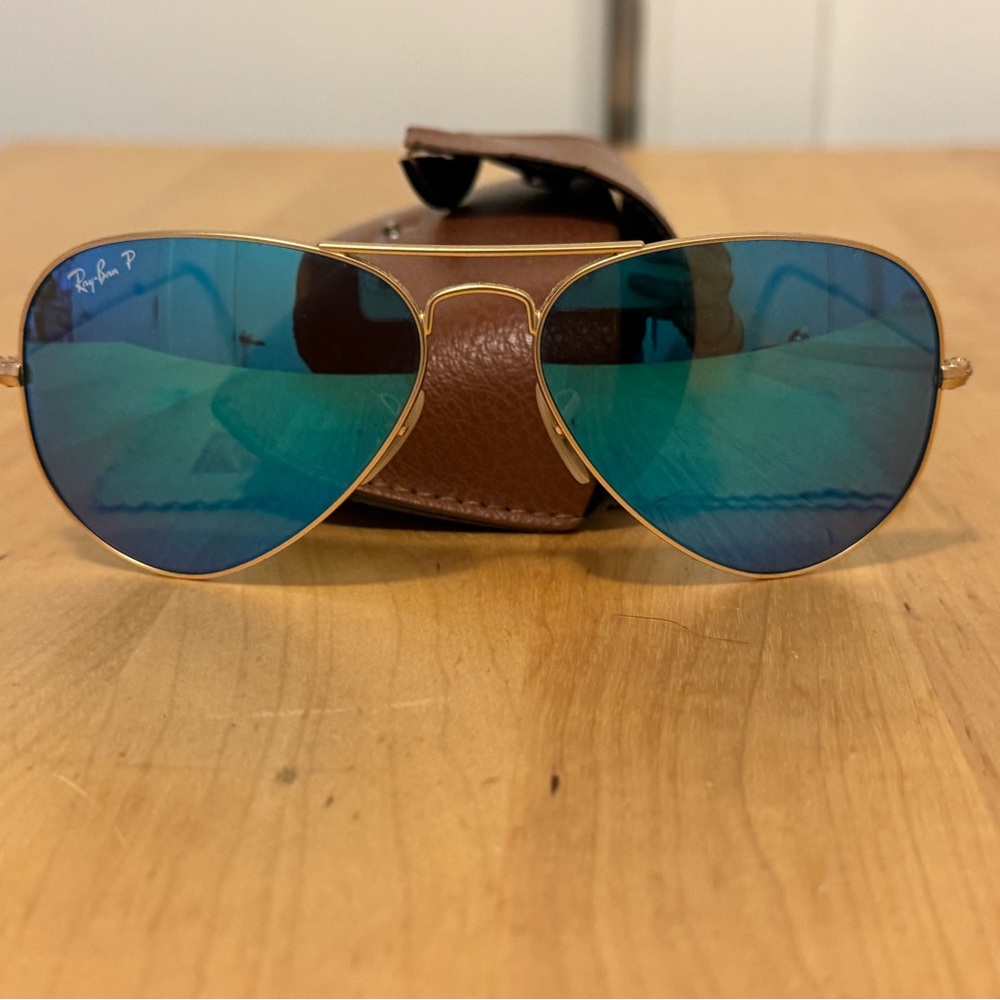 Ray-Ban matte gold Aviators with blue polarized lenses